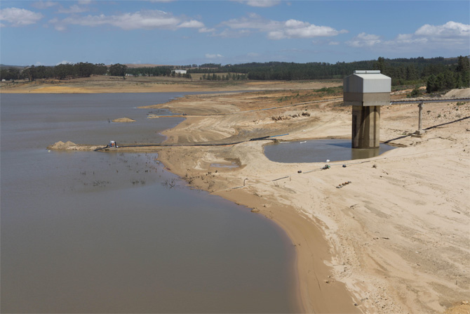 Low water levels at the Theewaterskloof Dam outside Cape Town
