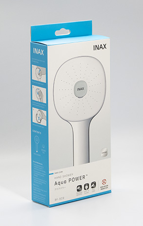 INAX AQUAPOWER packaging created ahead of its global expansion that uses pulp to reduce plastic use.