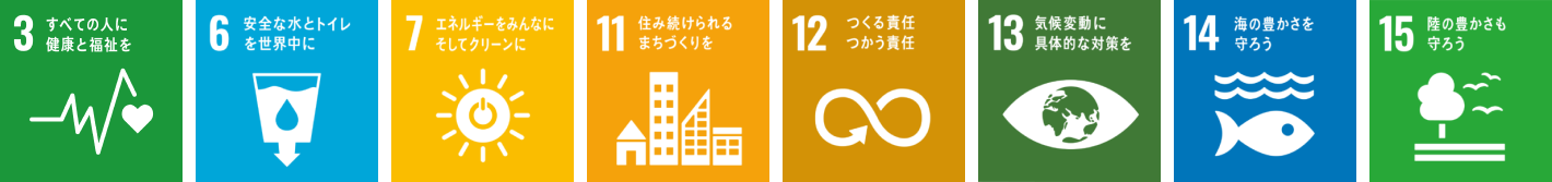 SDGsアイコン（ゴール3、6、7、11、12、13、14、15）