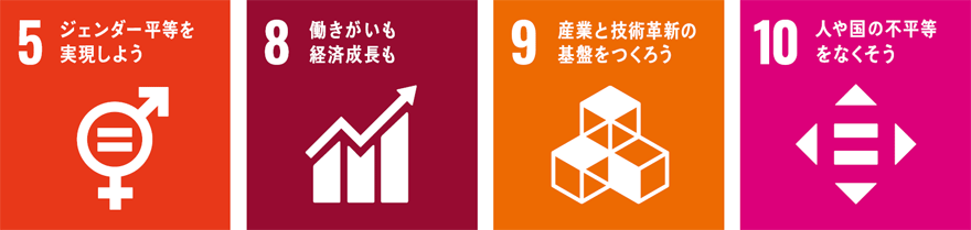 SDGsアイコン（ゴール5、8、9、10）