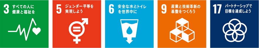 SDGsアイコン（ゴール3、5、6、9、17）