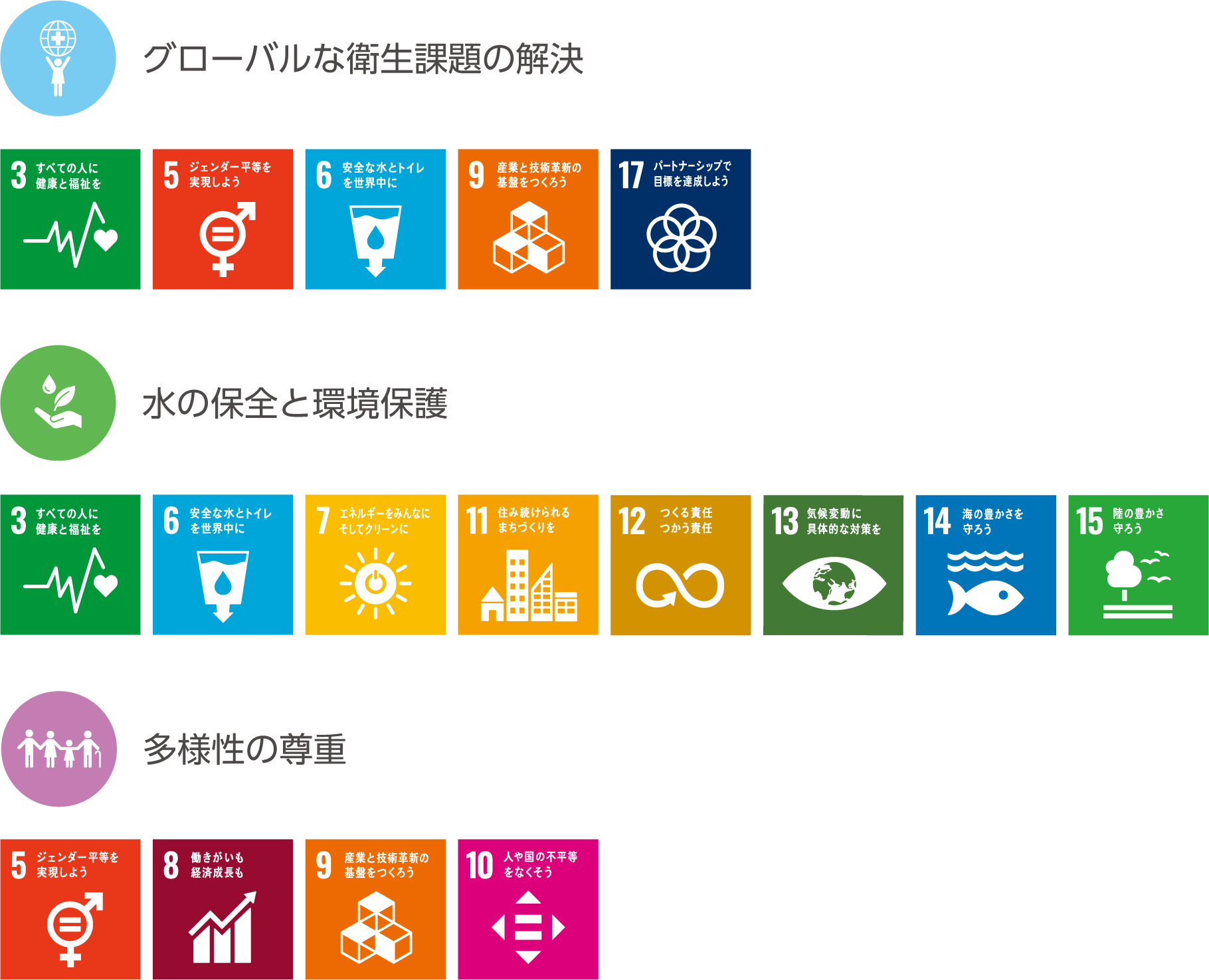 3つの優先取り組み分野と関連するSDGsのアイコン：グローバルな衛生課題の解決および関連するゴール（3、5、6、9、17）、水の保全と環境保護および関連するゴール（3、6、7、11、12、13、14、15）、多様性の尊重および関連するゴール（5、8、9、10）